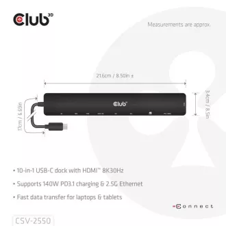 Club3D USB-C priključna stanica 10v1, 140W PD, 1xHDMI, 3xUSB-C, 3xUSB, 1xRJ45, crna Club3D USB-C priključna stanica 10v1, 140W PD, 1xHDMI, 3xUSB-C, 3xUSB, 1xRJ45, crna