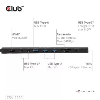 Club3D USB-C priključna stanica 10v1, 140W PD, 1xHDMI, 3xUSB-C, 3xUSB, 1xRJ45, crna Club3D USB-C priključna stanica 10v1, 140W PD, 1xHDMI, 3xUSB-C, 3xUSB, 1xRJ45, crna