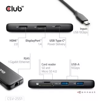 Club3D USB-C priključna stanica 8u1, 1xHDMI, 1xDP, 1xUSB-C, 2xUSB, 1xRJ45, crna
