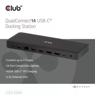 Club3D USB-C priključna stanica 14v1, 2xHDMI, 2xDP, 3xUSB-C, 1xUSB-C PD, 2xUSB, 1xRJ45, 1x3.5mm, microSD/SD, crna Club3D USB-C priključna stanica 14v1, 2xHDMI, 2xDP, 3xUSB-C, 1xUSB-C PD, 2xUSB, 1xRJ45, 1x3.5mm, microSD/SD, crna