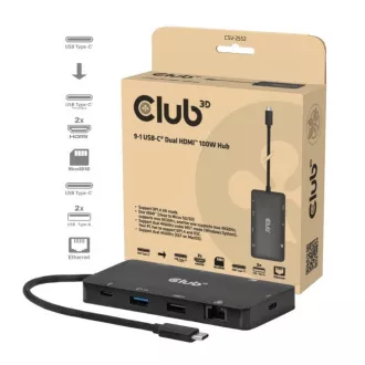 Club3D USB-C 9-u-1 priključna stanica, 2xHDMI, 1xUSB-C, 1xUSB-C PD, 2xUSB, 1xRJ45, microSD/SD, crna