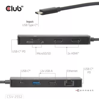 Club3D USB-C 9-u-1 priključna stanica, 2xHDMI, 1xUSB-C, 1xUSB-C PD, 2xUSB, 1xRJ45, microSD/SD, crna