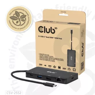 Club3D USB-C 9-u-1 priključna stanica, 2xHDMI, 1xUSB-C, 1xUSB-C PD, 2xUSB, 1xRJ45, microSD/SD, crna