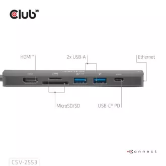 Club3D USB-C 7-u-1 priključna stanica, 1xHDMI, 1xUSB-C PD, 2xUSB, 1xRJ45, microSD/SD, crna