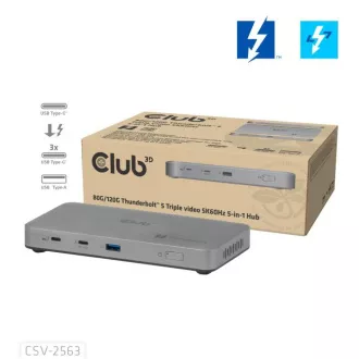 Club3D hub Thunderbolt 5 5u1, 3x USB-C TB5, 1x USB-A, 1x8K60Hz, 3x 5K60Hz, Thunderbolt Share certifikat, 180W