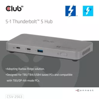 Club3D hub Thunderbolt 5 5u1, 3x USB-C TB5, 1x USB-A, 1x8K60Hz, 3x 5K60Hz, Thunderbolt Share certifikat, 180W