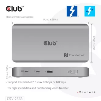 Club3D hub Thunderbolt 5 5u1, 3x USB-C TB5, 1x USB-A, 1x8K60Hz, 3x 5K60Hz, Thunderbolt Share certifikat, 180W