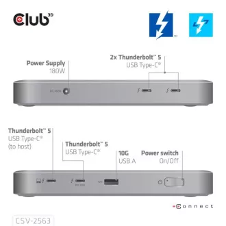 Club3D hub Thunderbolt 5 5u1, 3x USB-C TB5, 1x USB-A, 1x8K60Hz, 3x 5K60Hz, Thunderbolt Share certifikat, 180W
