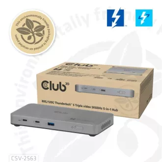 Club3D hub Thunderbolt 5 5u1, 3x USB-C TB5, 1x USB-A, 1x8K60Hz, 3x 5K60Hz, Thunderbolt Share certifikat, 180W
