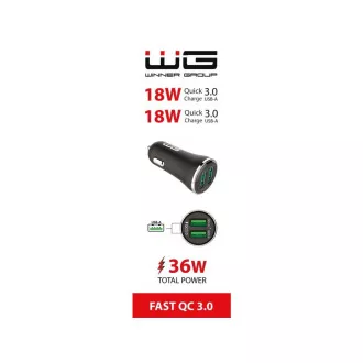 WG - Auto punjač 2x USB-A 36W, QC 3.0 + QC 3.0, crni