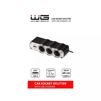 WG - Auto punjač, hub, 3x 12V utičnica za upaljač + 1x USB-A, s produžetkom WG - Auto punjač, hub, 3x 12V utičnica za upaljač + 1x USB-A, s produžetkom
