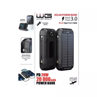 WG - Power Bank 20000 mAh, solarni panel + bežično punjenje 15W + svjetiljka + kompas, USB-C PD 20W, crna WG - Power Bank 20000 mAh, solarni panel + bežično punjenje 15W + svjetiljka + kompas, USB-C PD 20W, crna