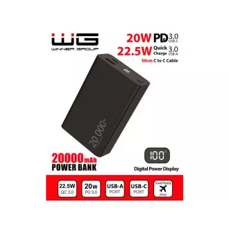 WG - Power Bank 20000 mAh, USB-C PD 20W + USB-A QC 22.5W, crna