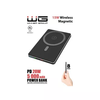 WG - Power Bank 5000 mAh, bežični 15W + PD 20W, crni