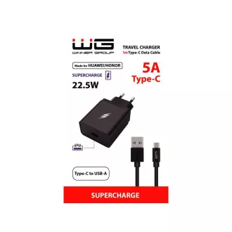 WG - Mrežni punjač 1x USB-A 22, 5W, SuperCharge, 5V-9V-12V, + USB-A na Type-C kabel (5A), crni