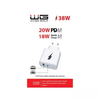 WG - Adapter za napajanje 2x USB 38W, 1x USB-C PD 20W + 1x USB-A QC 3.0 18W, bijeli