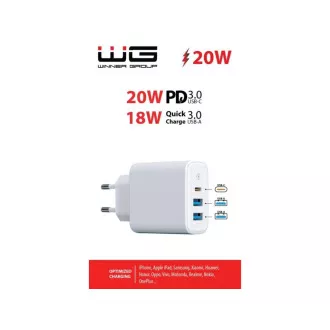 WG - 3x USB punjač za napajanje, 1x USB-A QC 3.0 + 1x USB-A QC 3.0 + 1x USB-C PD 3.0, bijeli
