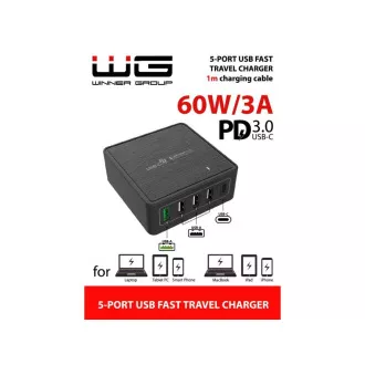 WG - Power bank 5x USB 60W, 1x USB-A QC 3.0 + 3x USB-A Smart IC + 1x USB-C PD, crna WG - Power bank 5x USB 60W, 1x USB-A QC 3.0 + 3x USB-A Smart IC + 1x USB-C PD, crna