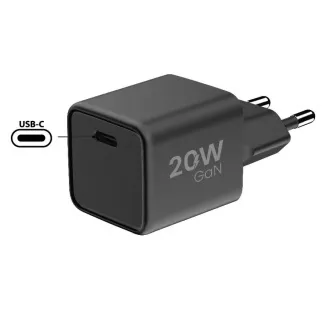 WG - GaN punjač 1x USB-C, PD 20W, 5V-9V-12V, crni