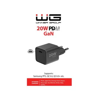WG - GaN punjač 1x USB-C, PD 20W, 5V-9V-12V, crni