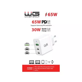 WG - GaN 3x USB punjač, 1x USB-A 30W + 2x USB-C 65W, bijeli