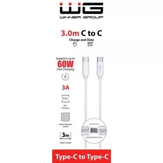 WG - Podatkovni kabel Type-C na Type-C, 3 metra, 3A, 60W, bijeli