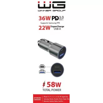 WG - Auto punjač 2x USB 58, 5W, 1x USB-C PD 36W + 1x USB-A 22.5W, srebrni