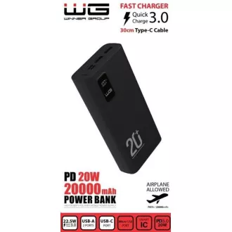 WG - Power Bank 20000 mAh, USB-C PD 20W + USB-A QC 3.0 22.5W, crna