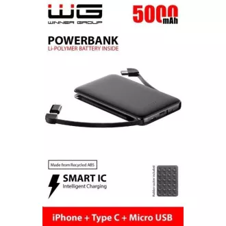 WG - Power Bank 5000 mAh, Micro USB + Type-C kabel + Lightning adapter, crna