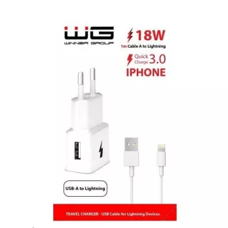 WG - Mrežni punjač 1x USB-A, Quick Charge 3.0, 5V-9V-12V, USB-A na Lightning kabel, bijeli