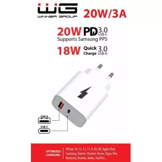 WG - Adapter za napajanje 2x USB, 1x USB-C PD 20W + 1x USB-A QC 3.0 18W, bijeli