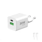WG - GaN punjač 2x USB 30W, 1x USB-C PD3.0 PPS QC4 30W + USB-A 18W, Type-C na Type-C kabel, bijeli