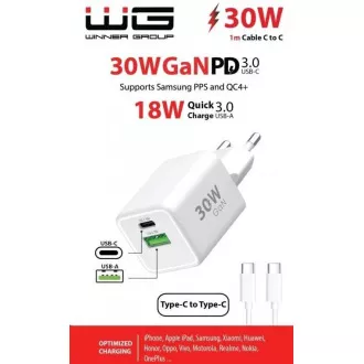 WG - GaN punjač 2x USB 30W, 1x USB-C PD3.0 PPS QC4 30W + USB-A 18W, Type-C na Type-C kabel, bijeli WG - GaN punjač 2x USB 30W, 1x USB-C PD3.0 PPS QC4 30W + USB-A 18W, Type-C na Type-C kabel, bijeli