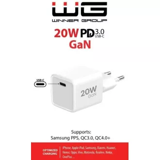 WG - GaN punjač 1x USB-C, PD 20W, 5V-9V-12V, bijeli