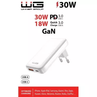 WG - Mrežni punjač GaN 2x USB, 1x USB-C 30W + 1x USB-A 18W, bijeli