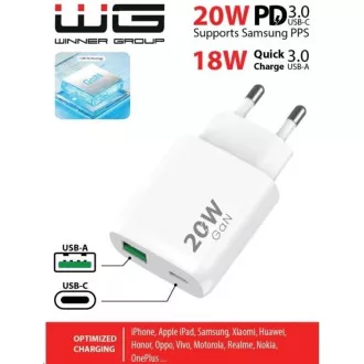 WG - Adapter za napajanje 2x USB, 1x USB-C PD 20W + 1x USB-A QC3.0 18W, bijeli