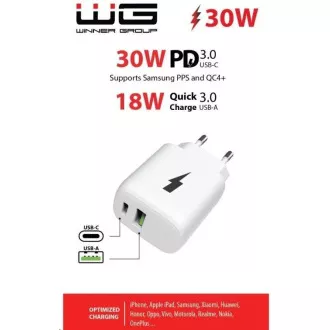 WG - Mrežni punjač 2x USB, 1x USB-C PD PPS 3.0 30W + 1x USB-A QC4 18W, bijeli
