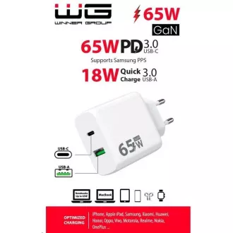 WG - GaN punjač 2x USB 65W, 1x USB-C PD 65W + 1x USB-A QC3.0 18W, bijeli