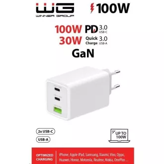 WG - Mrežni punjač GaN 100W, 3x USB, 1x USB-A + 2x USB-C, bijeli