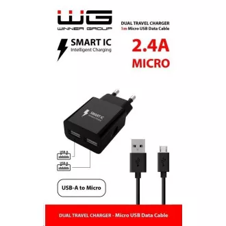 WG - Mrežni punjač 2x USB-A 2, 4A, Smart IC + USB-A na Micro USB kabel, crni