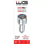WG - Auto punjač, FM odašiljač, USB-A QC 3.0 18W + USB-C PD 30W, srebrni