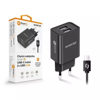 Aligator mrežni punjač, 2x USB, pametni IC, 2,4 A, USB-C kabel 2A, crni Aligator mrežni punjač, 2x USB, pametni IC, 2,4 A, USB-C kabel 2A, crni