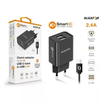 Aligator mrežni punjač, 2x USB, pametni IC, 2,4 A, USB-C kabel 2A, crni Aligator mrežni punjač, 2x USB, pametni IC, 2,4 A, USB-C kabel 2A, crni