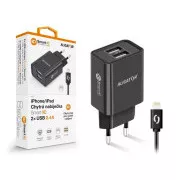 Aligator mrežni punjač, 2x USB, smart IC, 2.4 A, Lightning kabel 2A, crni