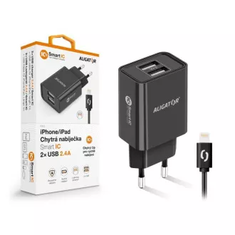Aligator mrežni punjač, 2x USB, smart IC, 2.4 A, Lightning kabel 2A, crni