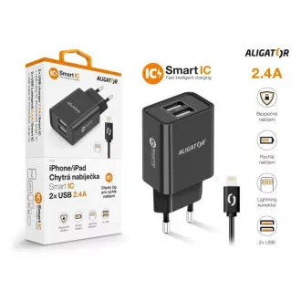 Aligator mrežni punjač, 2x USB, smart IC, 2.4 A, Lightning kabel 2A, crni