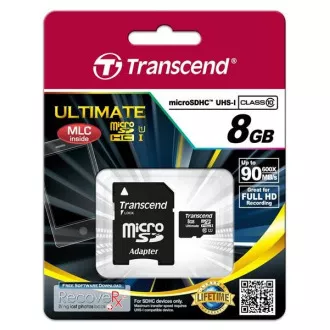 TRANSCEND MicroSDHC kartica 8GB Ultimate, Class 10 UHS-I 600x, MLC + adapter