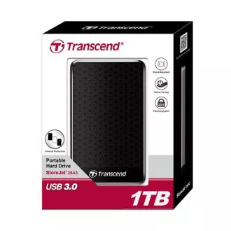 TRANSCEND vanjski tvrdi disk USB 3.1 StoreJet 25A3, 1TB, crni (otporan na udarce, 256-bitni AES)