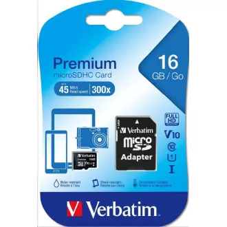 VERBATIM MicroSDHC kartica 16GB Premium, U1 + SD adapter