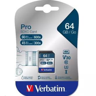 VERBATIM SDXC kartica 64 GB Pro, U3, V30 (P: 90 / W: 45 MB / s)